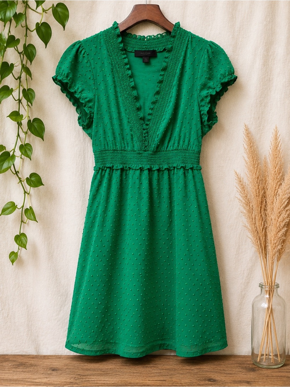Sam & Max Emerald Green Swiss Dot Empire Waist Mini Dress